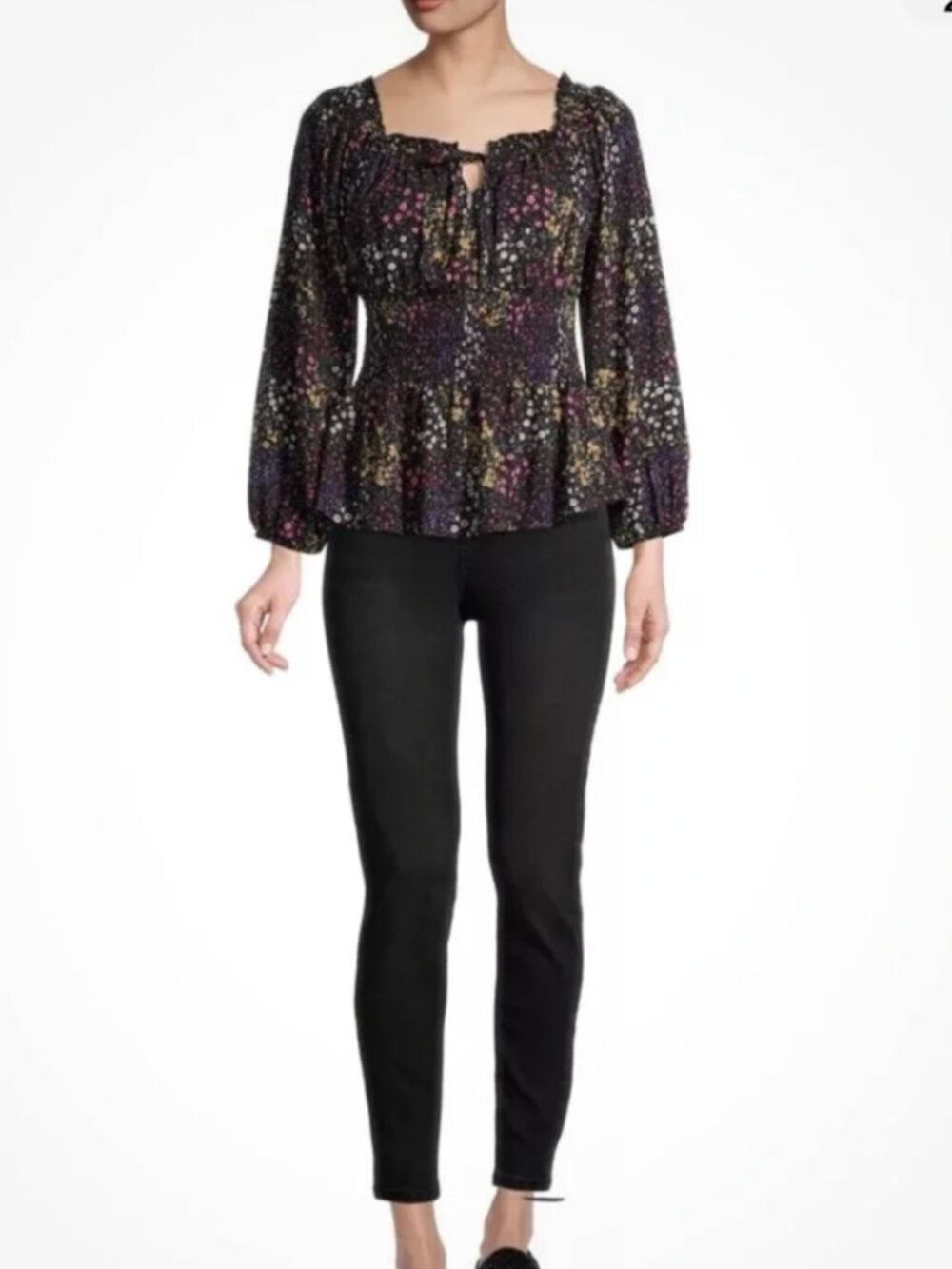 No Boundaries 100% Rayon Black Floral Rouched Waist Peasant Blouse Top women XXL - Picture 3 of 17